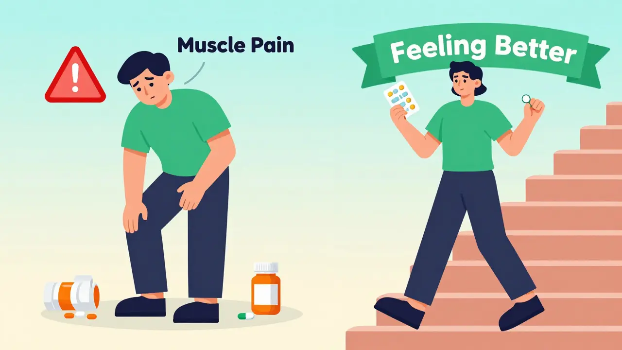Side-by-side comparison of muscle pain vs. improved mobility with alternate-day statin use.