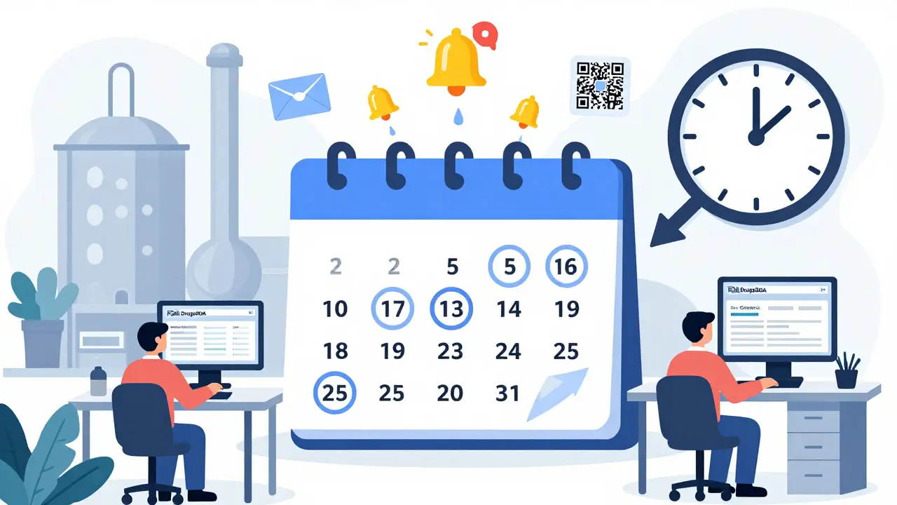 Weekly FDA label updates flow into a generic drug factory, with a 6-month delay arrow highlighting regulatory lag.