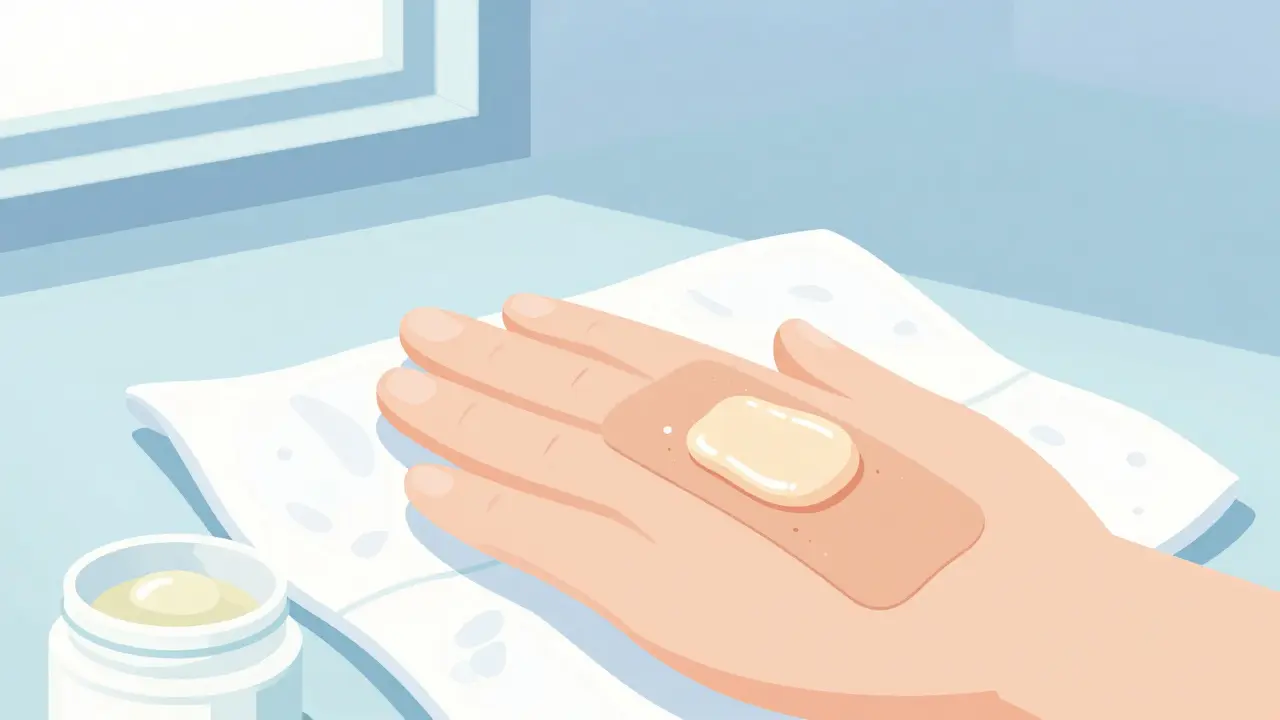 Wound covered with a transparent dressing and a jar of petroleum jelly nearby.