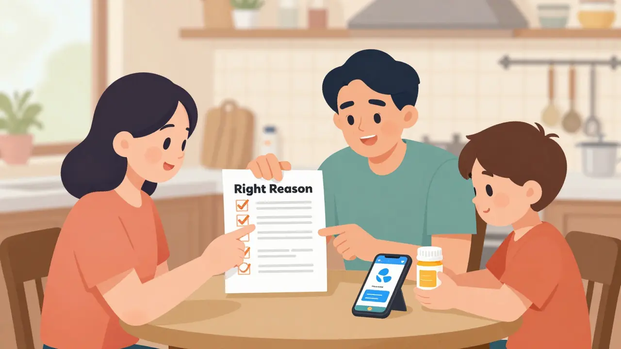 A family reviews medication safety tips together at home, using a printed list and a smartphone app.