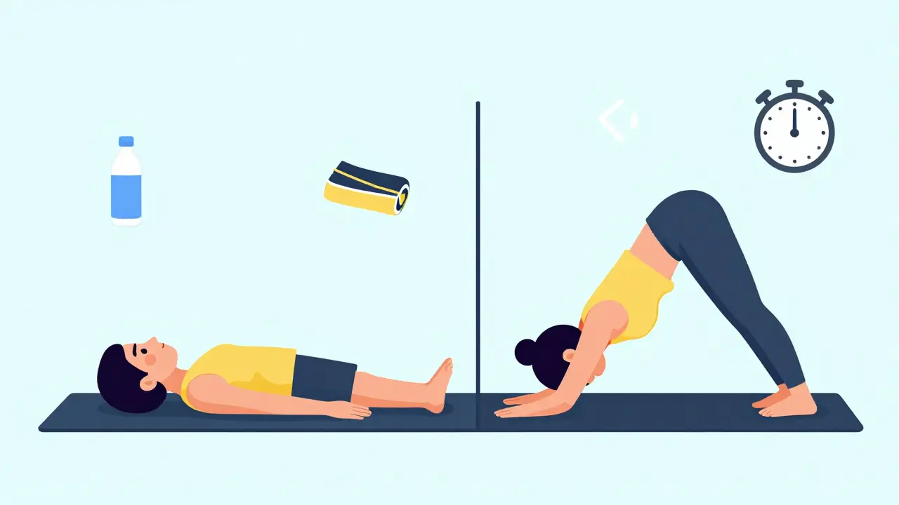 A person doing a bird-dog exercise with before-and-after posture comparison, showing restored alignment and movement retraining tools.