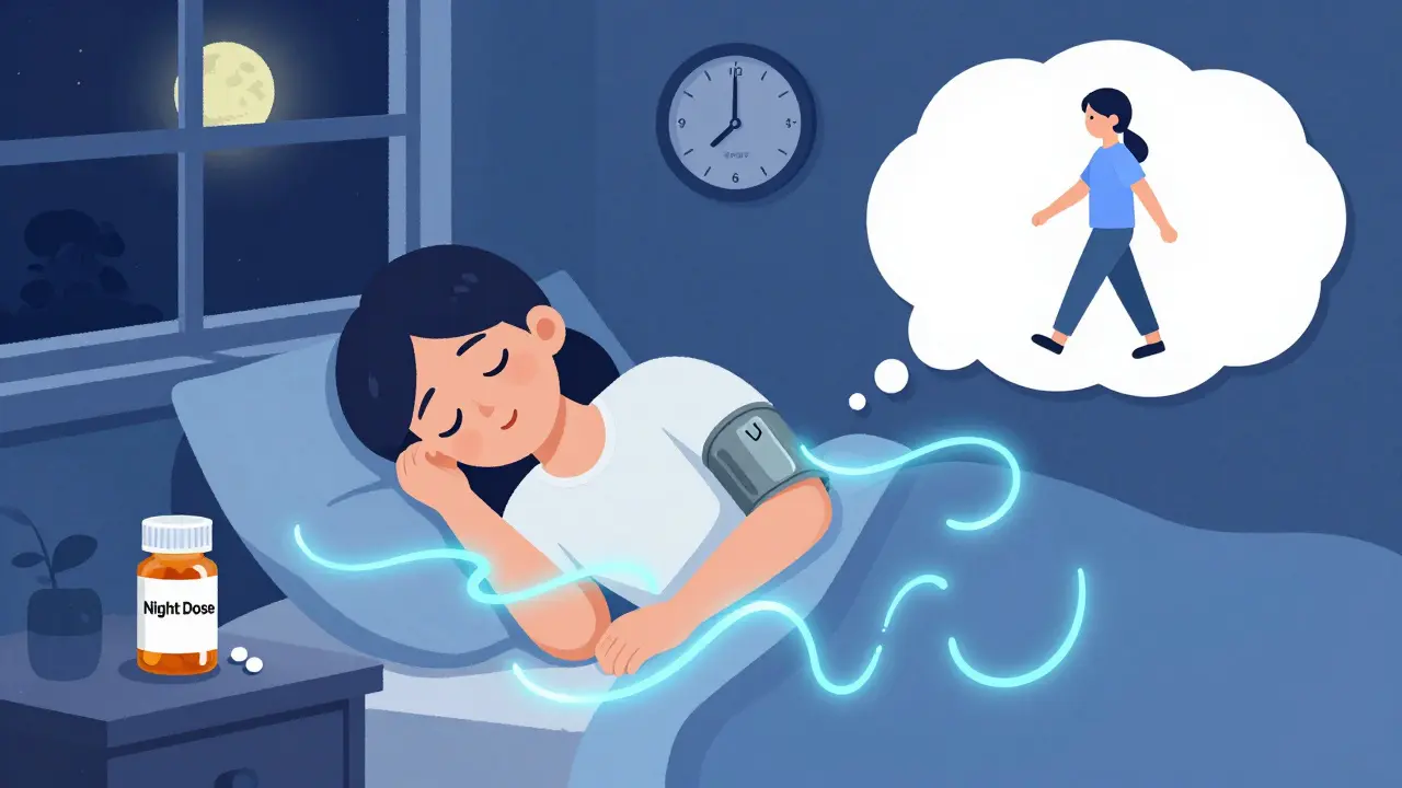 A person sleeping peacefully with a nighttime pill bottle nearby, glowing waves symbolizing stable blood pressure.