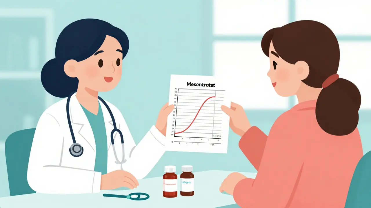 A woman and doctor discussing menstrual bleeding options in a clinic.