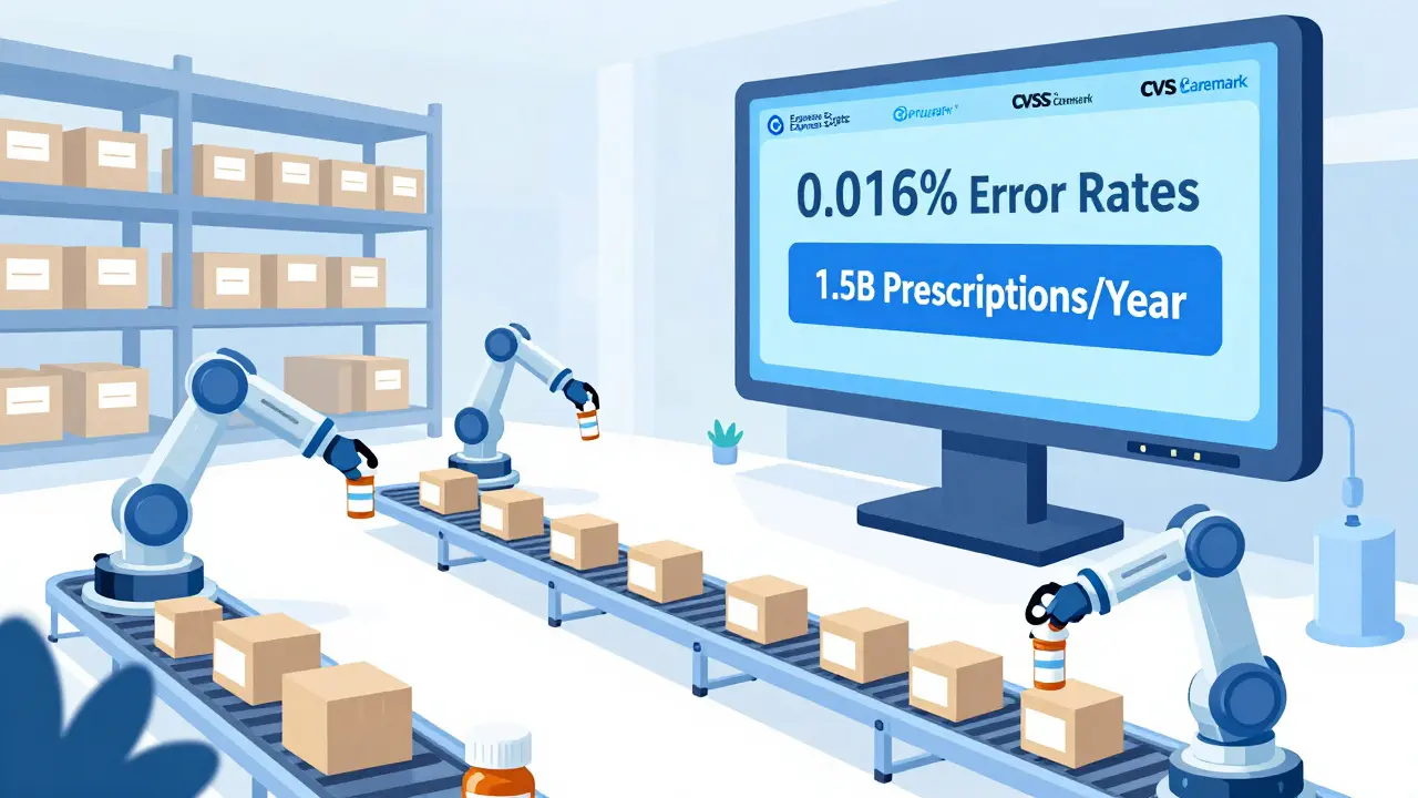 Automated pharmacy warehouse with robots filling 90-day medication supplies.