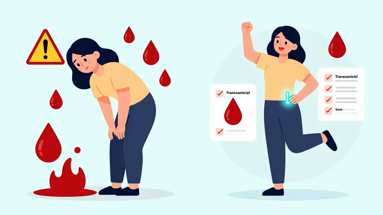 Before and after: heavy bleeding vs. managed flow with medical support.
