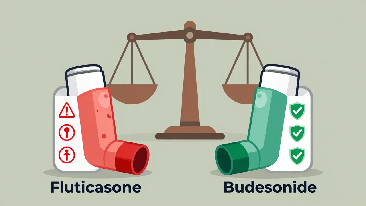 Comparison of two asthma inhalers showing higher and lower side effect risks