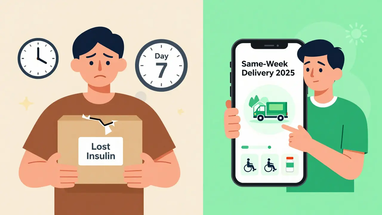 Contrasting scenes of lost medication versus real-time delivery tracking for mail-order pills.