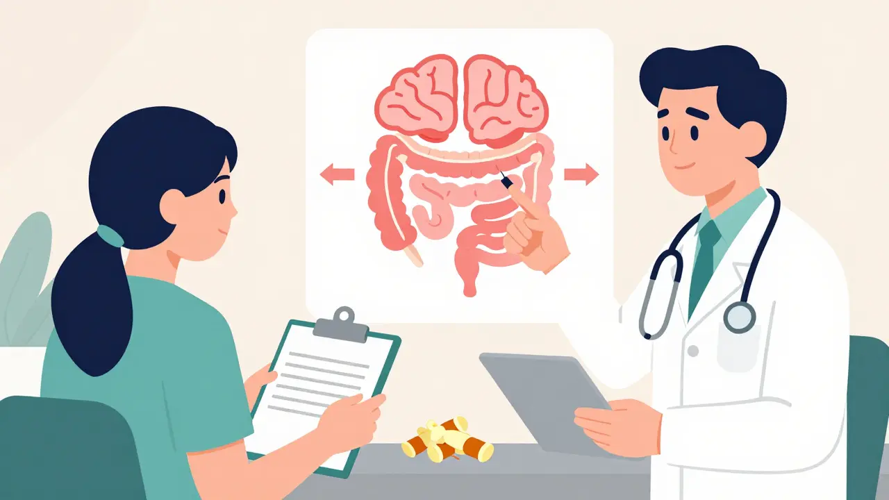 Doctor and patient in clinic discussing sertraline side effects, with brain-gut diagram showing reduced intestinal serotonin activity.