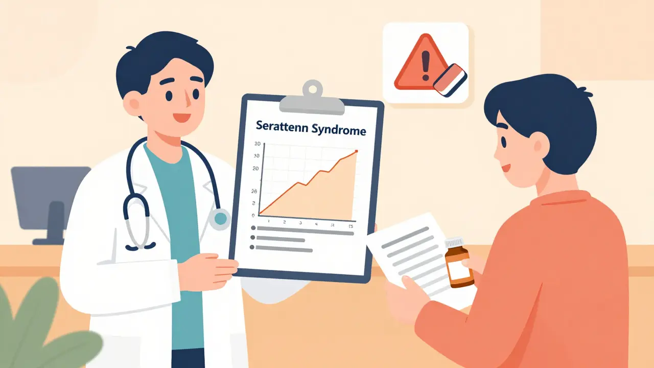 Doctor and patient with a graph showing zero serotonin syndrome cases, pharmacy alert being erased.
