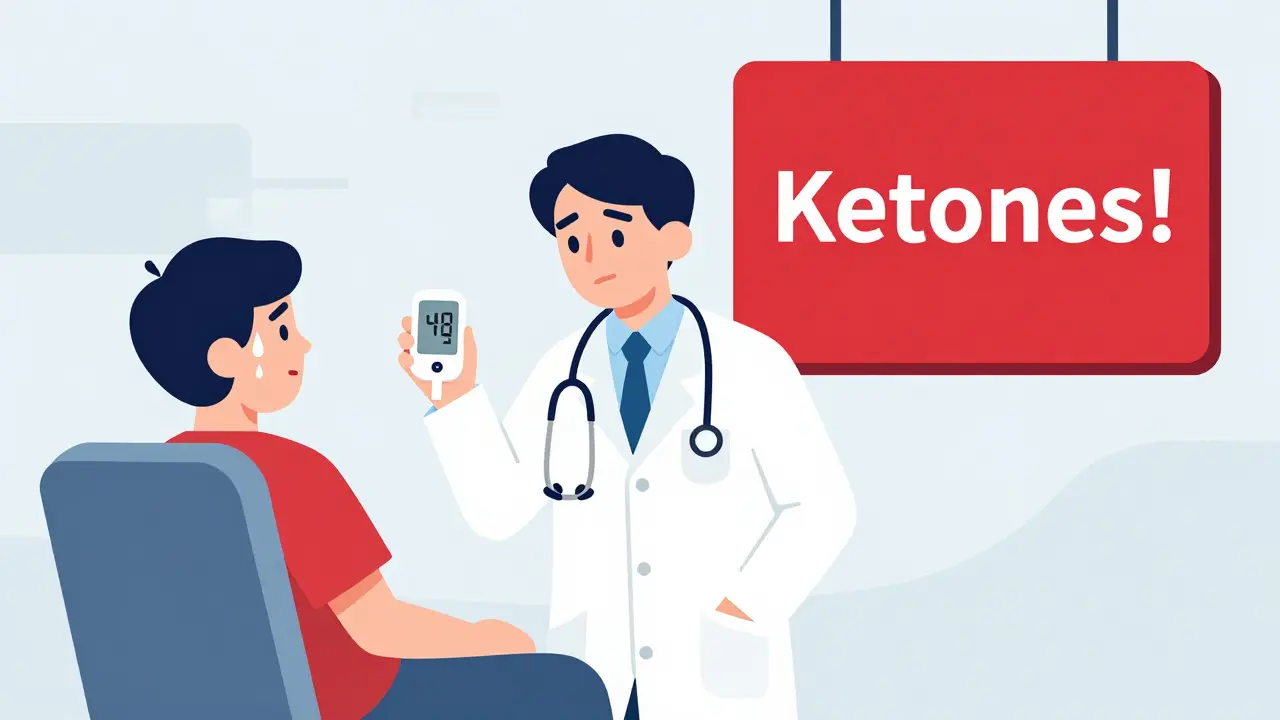 Doctor looking at a normal glucose meter while a large red 'Ketones!' warning glows beside a sick patient.