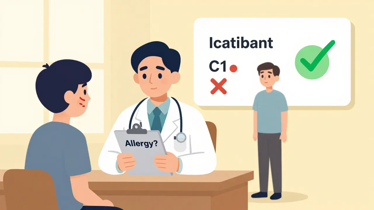 Doctor misdiagnosing angioedema as allergy while correct treatment options appear behind.