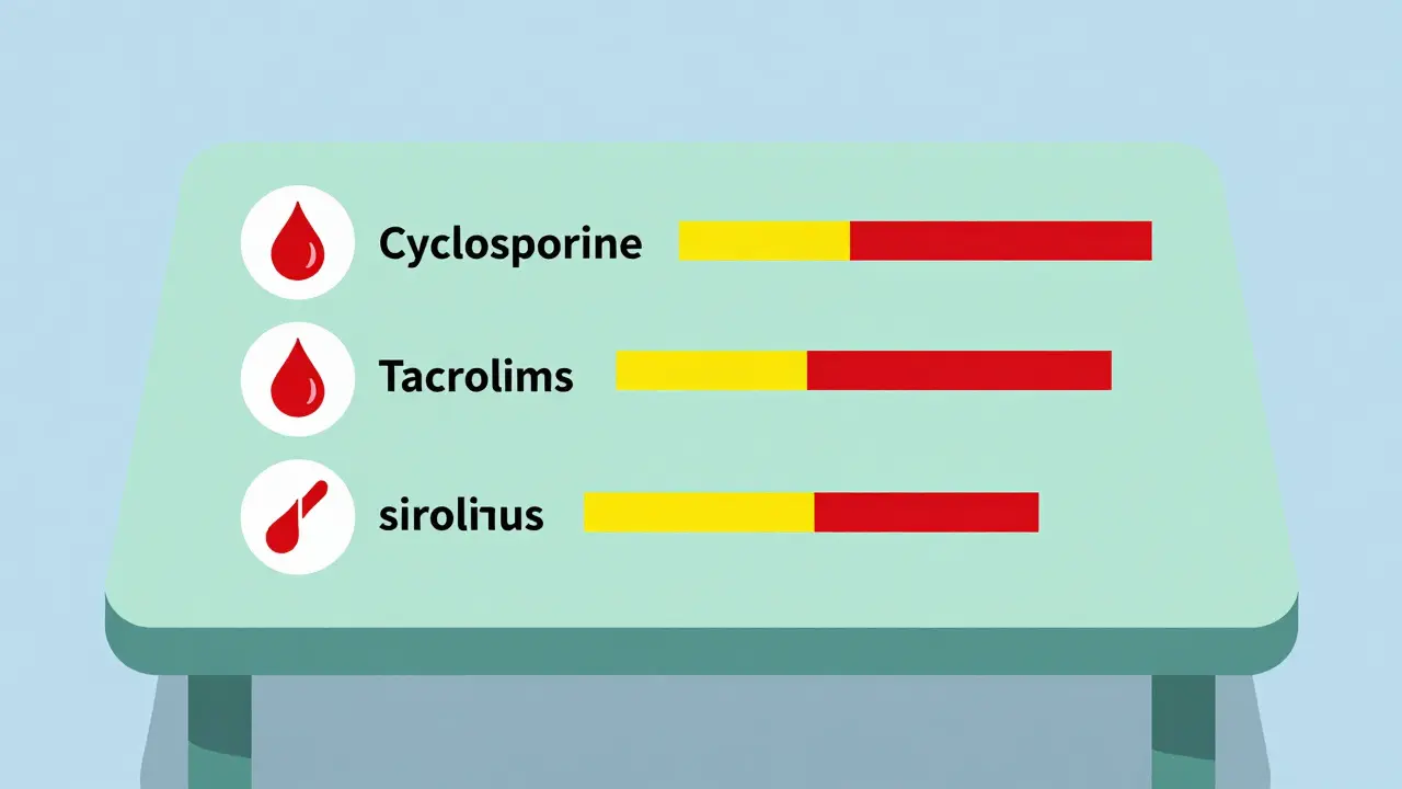 Flat design table icons showing immunosuppressant blood level increases with color coding
