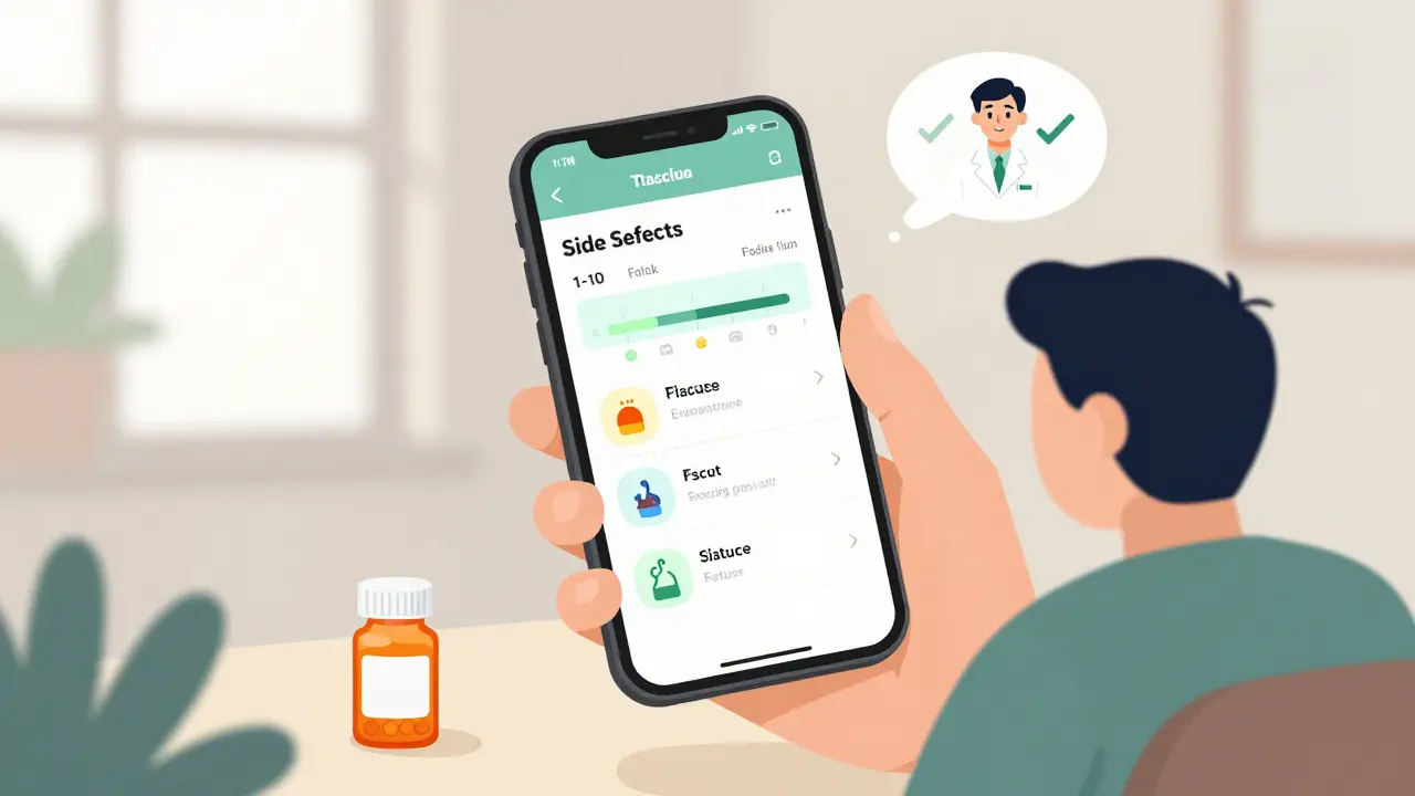 Person tracking side effects on a phone app at home with icons for fatigue and dizziness, supported by a pharmacist symbol.