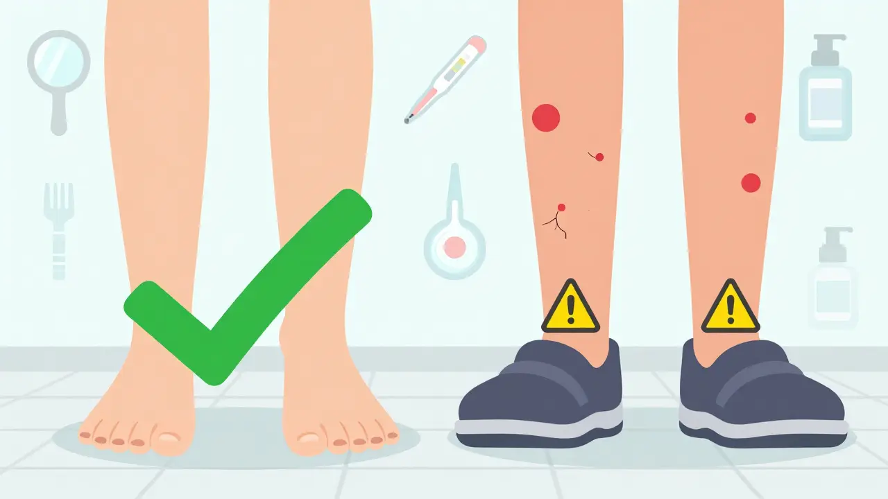 Side-by-side comparison of a healthy foot and a foot with warning signs like blisters and redness.