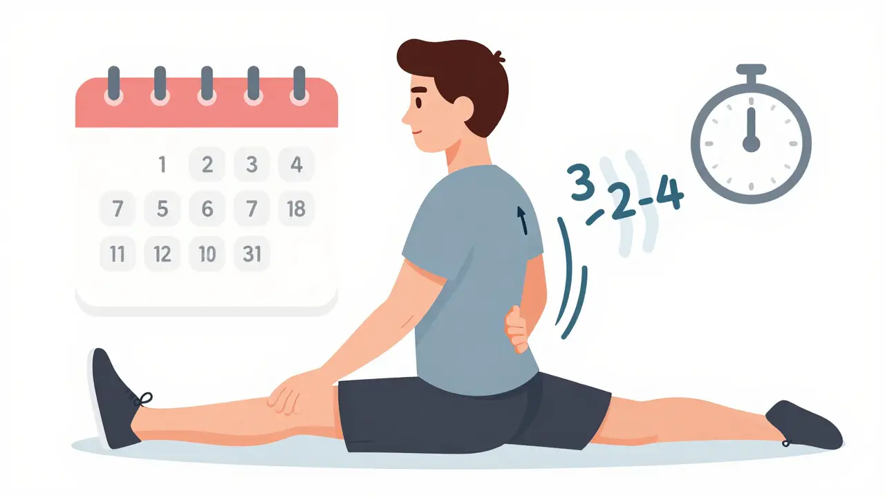 Someone gently stretching their hamstring with animated tension-relief arrows and a breathing pattern visualized as soft waves.