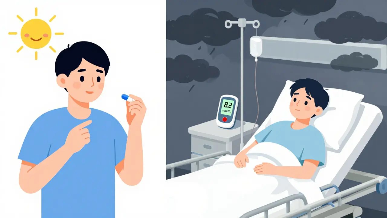 Split image: person taking SGLT2 pill on one side, same person in ER with high ketones on the other.
