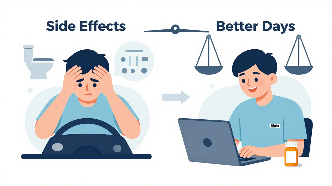 Split-screen: one side shows daytime dizziness and bathroom trips, the other shows calm focus with nighttime dosing.