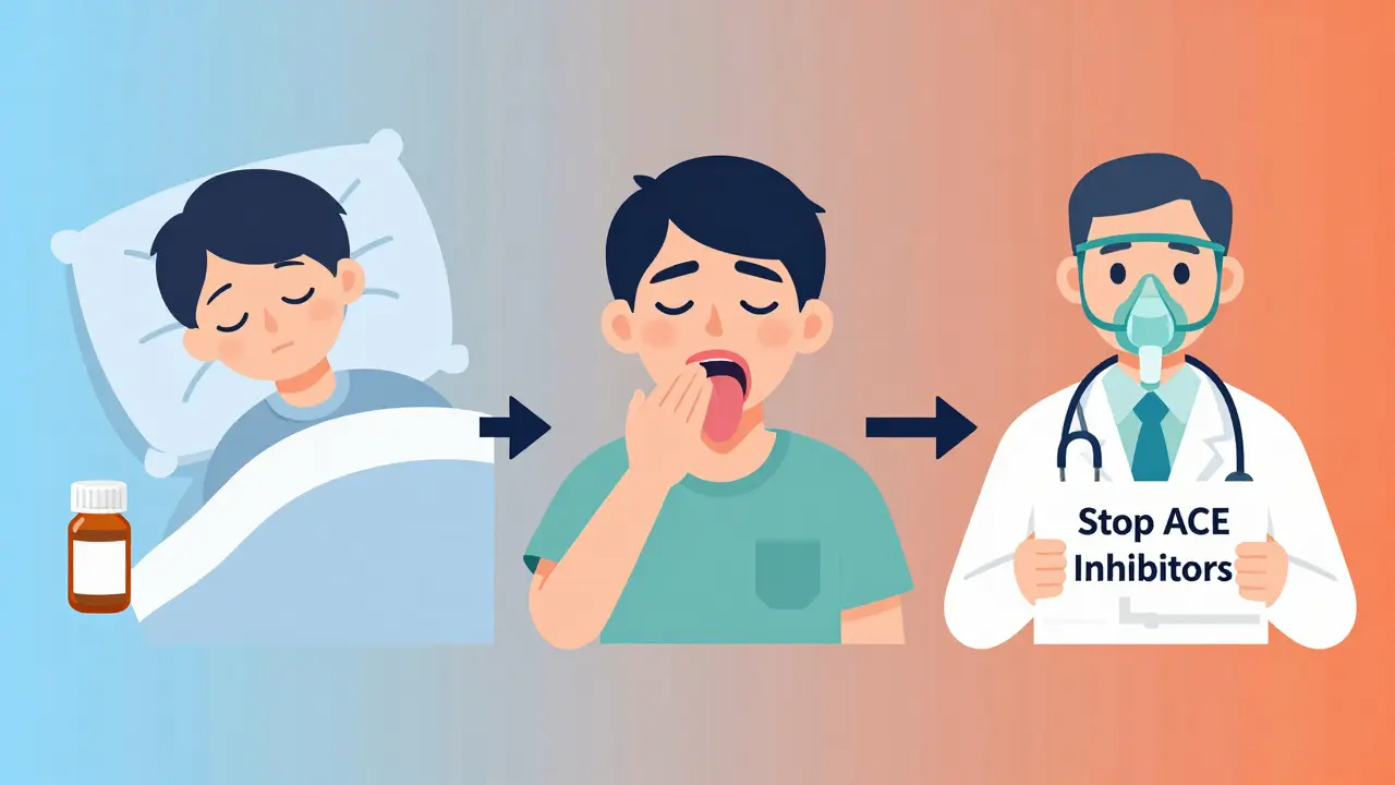 Three-panel timeline showing peaceful use of ACE inhibitor, sudden swelling, and emergency care.