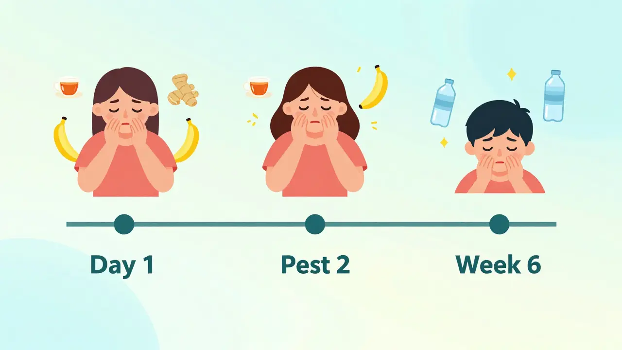 Three simplified figures showing nausea, diarrhea, and relief over six weeks, with supportive icons like ginger tea and banana.