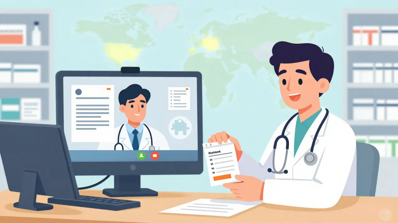 Traveler in a foreign clinic on video call with medical coordinator, receiving prescription from pharmacist, world map in background.