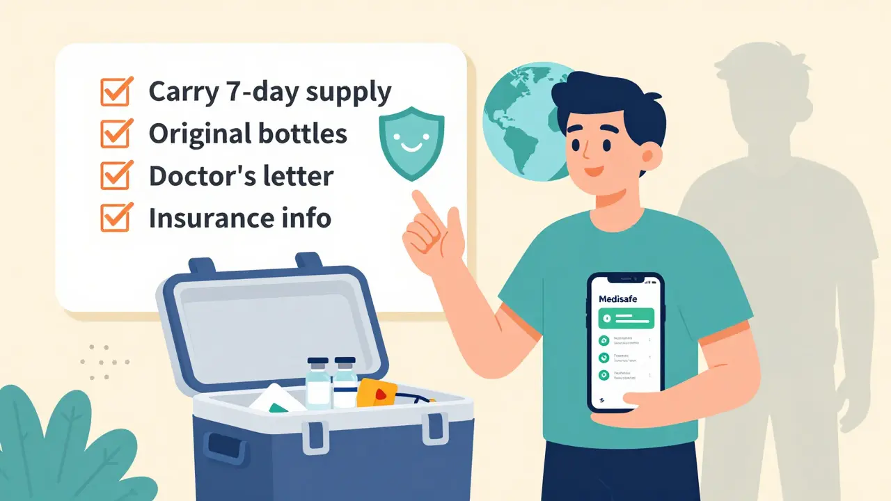 Traveler packing for trip with checklist, carrying insulin cooler and phone showing prescription app, globe shield icon for safety.