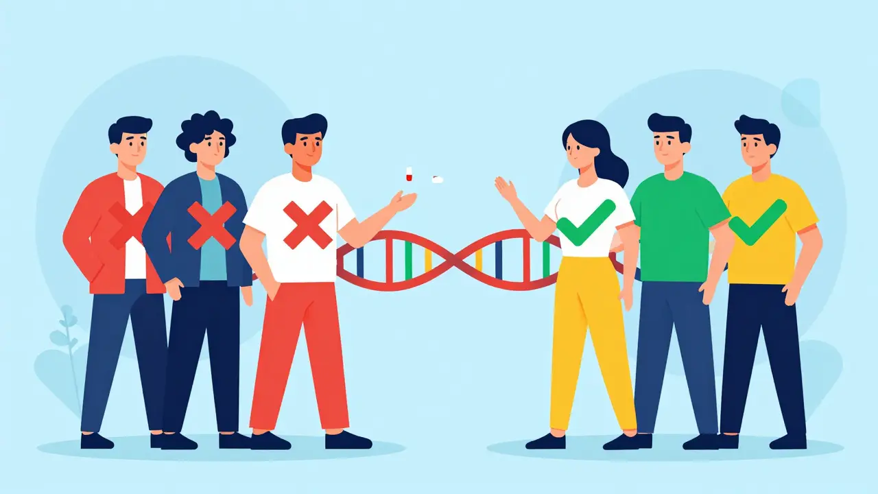 Two groups with red Xs and green checkmarks connected by DNA strand