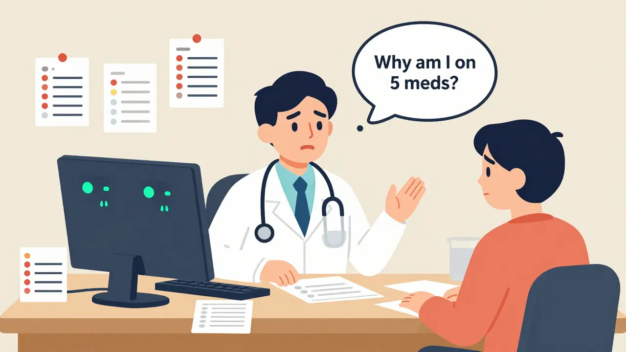 A doctor overwhelmed by prescription pads and drug interaction alerts while a patient looks concerned.