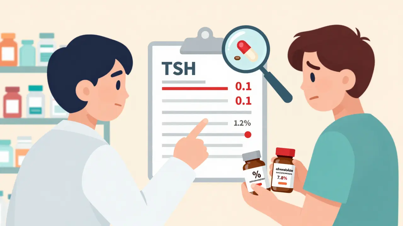 A doctor reviewing a blood test showing dangerously low TSH while a patient holds two ashwagandha capsules with different potency labels.