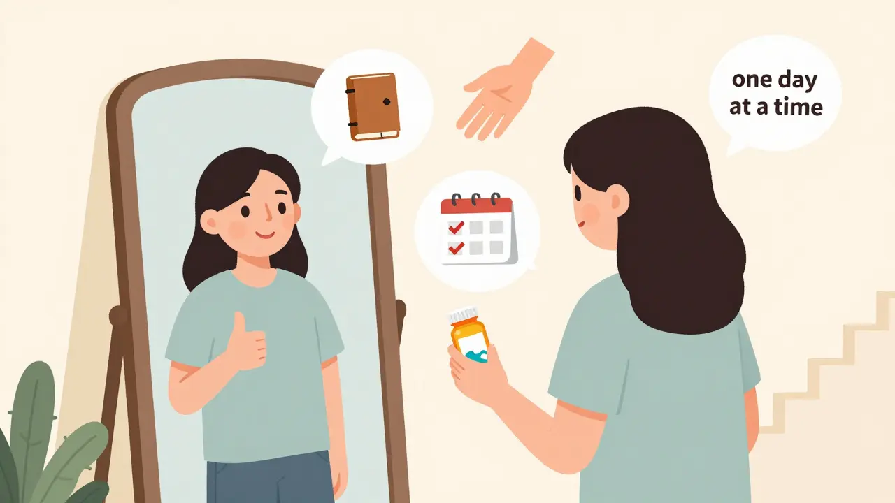 A person looking in a mirror with a supportive reflection showing tools for managing long-term medication use.