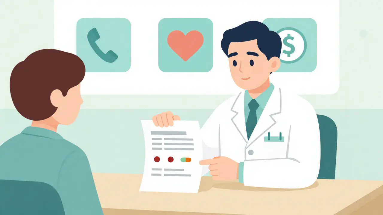 A pharmacist simplifying a patient's medication plan from six pills to two in a clinic setting.