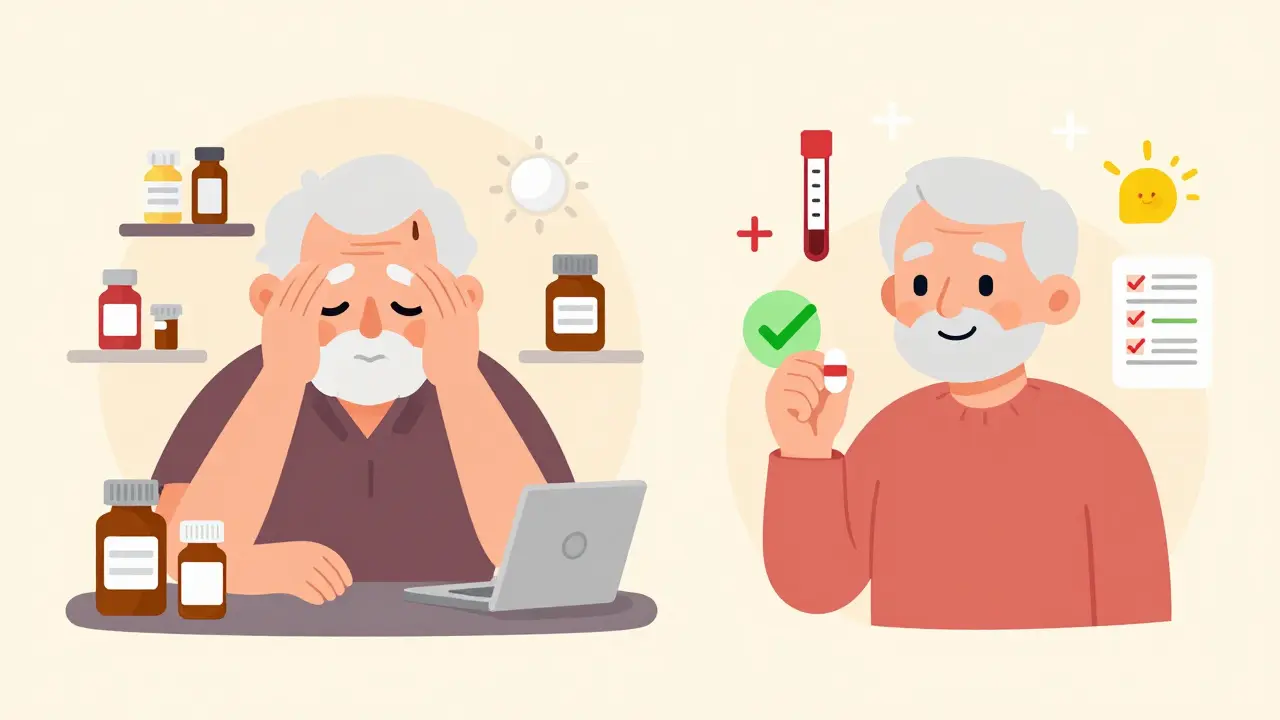 An elderly patient before and after reducing medications, showing improved health and clarity.