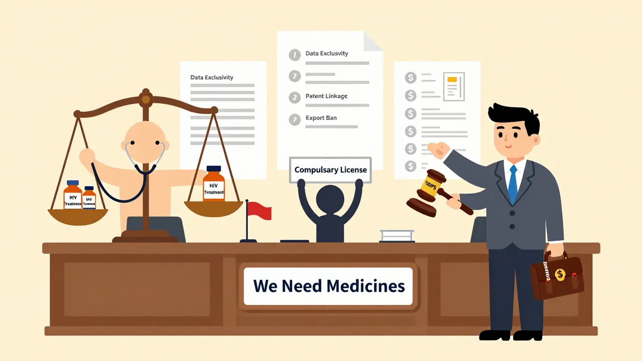 Cartoon courtroom scene with justice scale balancing medicine against corporate patents, under TRIPS Plus rules.