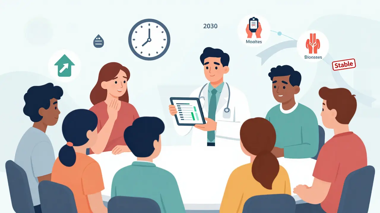 Diverse patients and pharmacist discuss biosimilar treatment with visual data showing improved health outcomes.