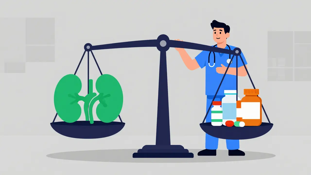 Doctor weighing treatment options on a balance scale cartoon