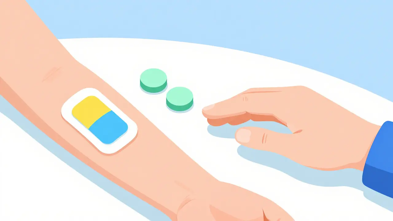 Flat design showing nicotine patches and support tools on a table.