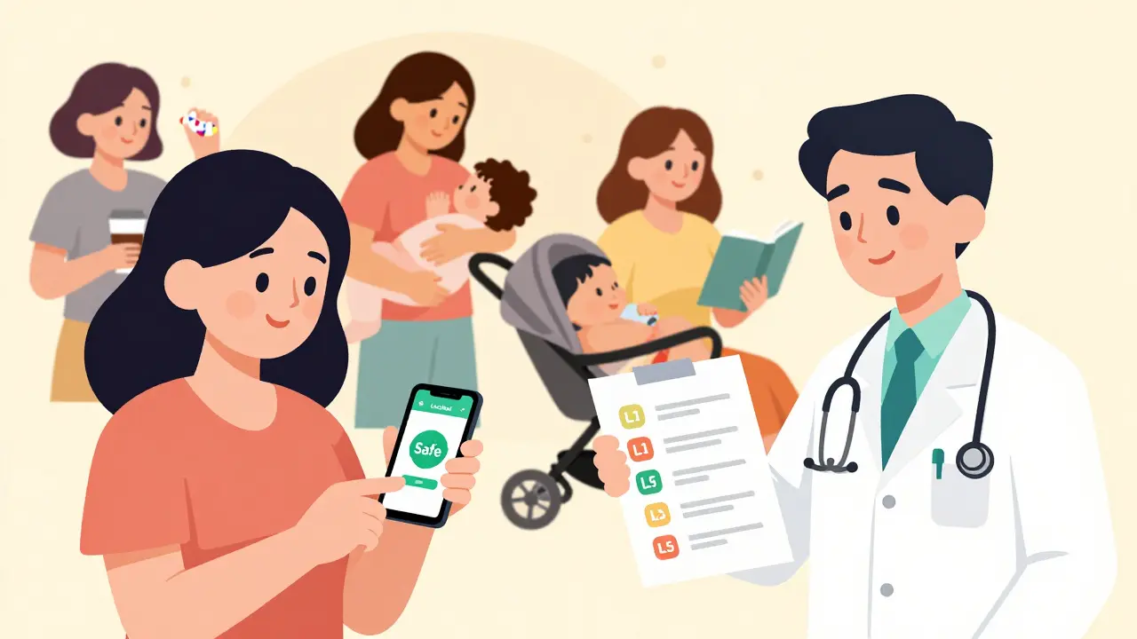 Mother using LactMed app on phone while breastfeeding, with healthcare icons and other nursing mothers in background.