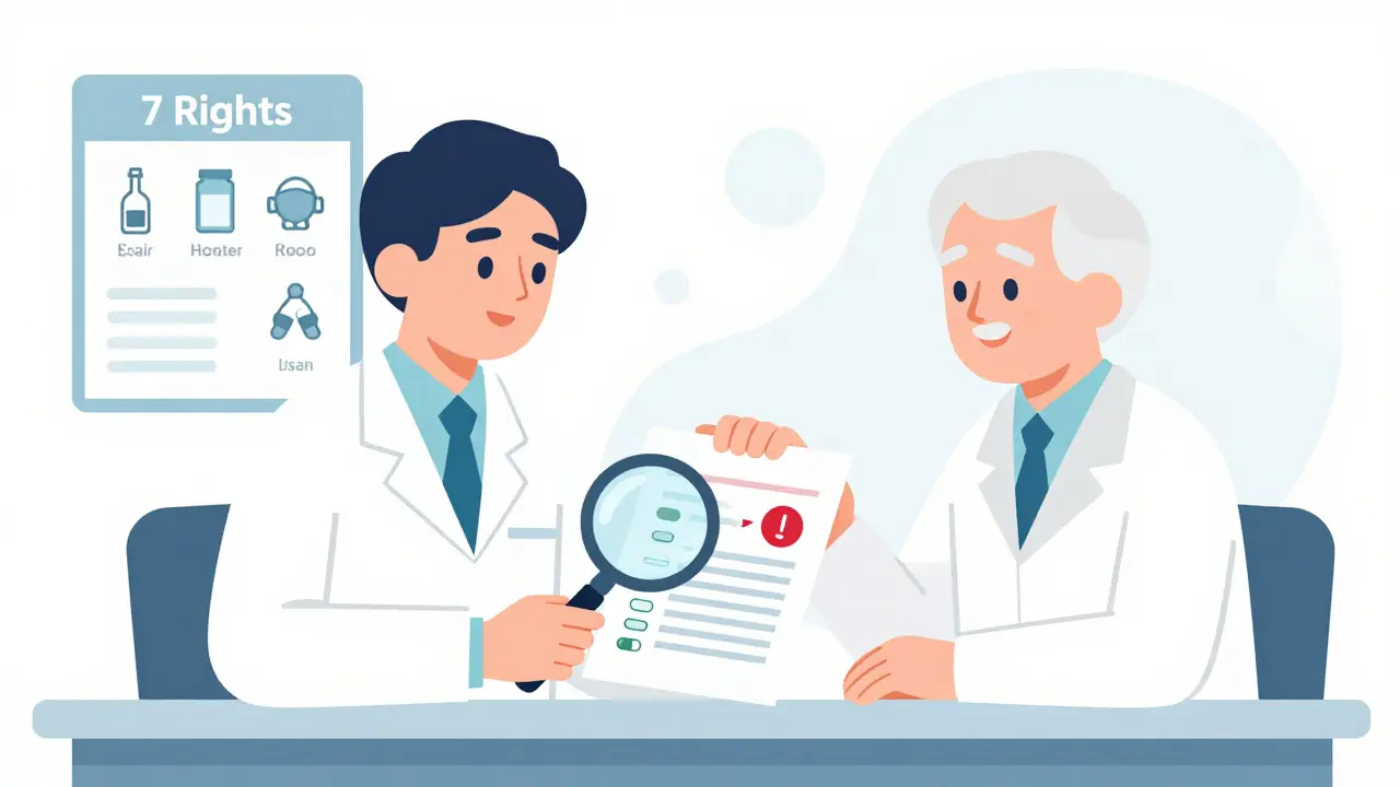 Pharmacist and older adult reviewing a medication list together with a warning icon between two drugs.