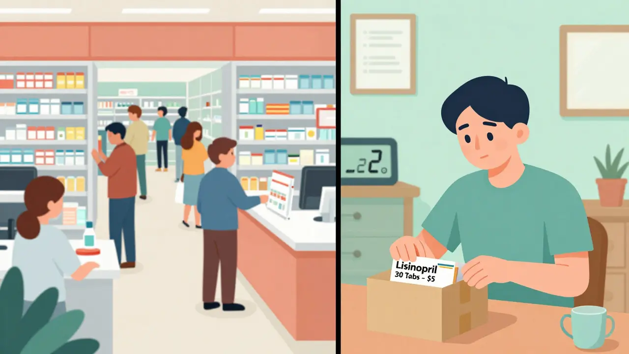 Side-by-side scene: a busy pharmacy versus a calm home delivery of affordable generic medicine.