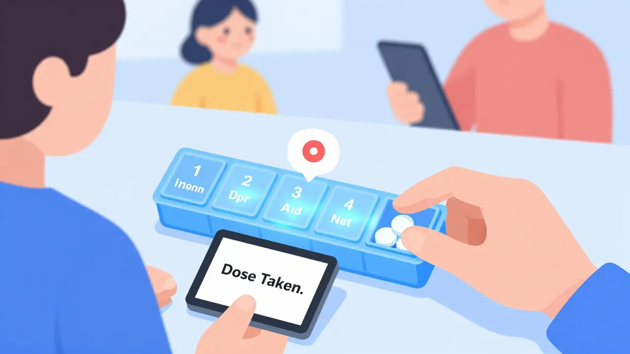 Smart pill organizer with glowing compartments and a notification alert on a tablet.