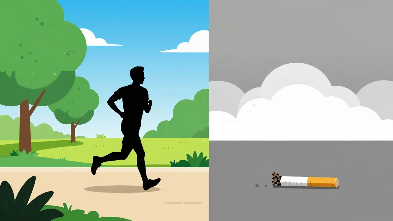 Split view art of a healthy jogging path versus smoky clouds.