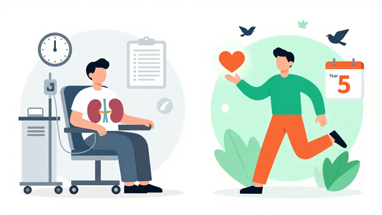 Two figures side by side: one tethered by dialysis, the other free after transplant with a glowing heart.