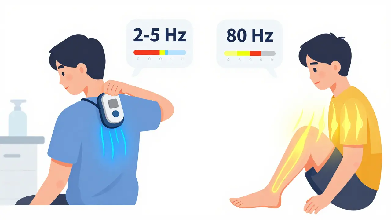 Two people using different TENS settings — one for chronic pain, one for acute injury — with visual frequency indicators.