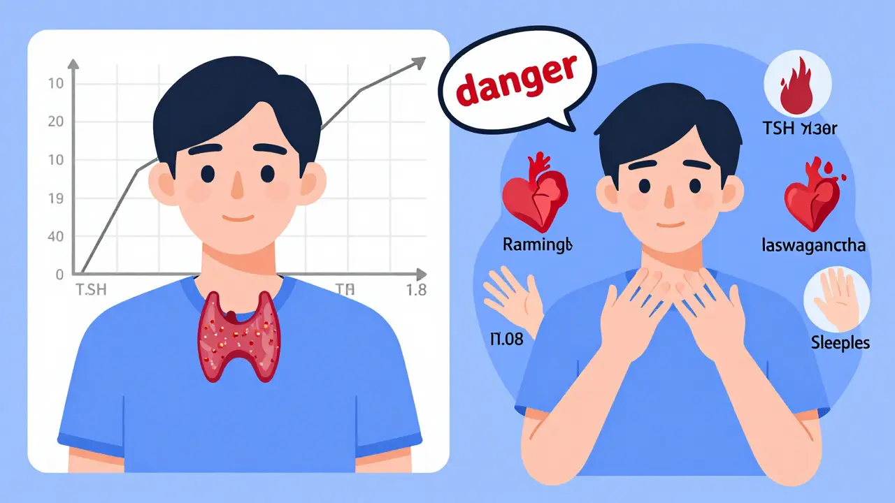 Two sides of the same person: one calm with normal thyroid levels, the other showing symptoms of over-replacement like racing heart and insomnia.