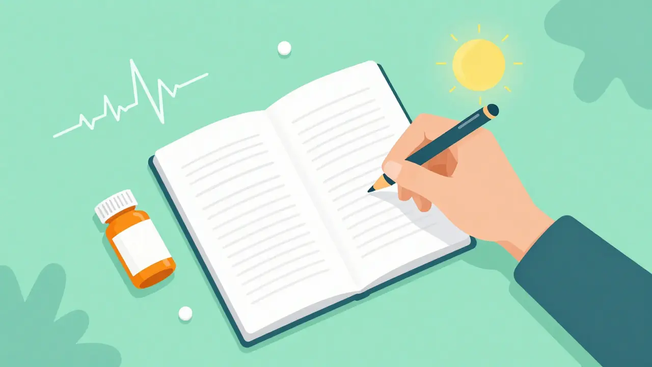 A hand writing in a health logbook next to a medication bottle