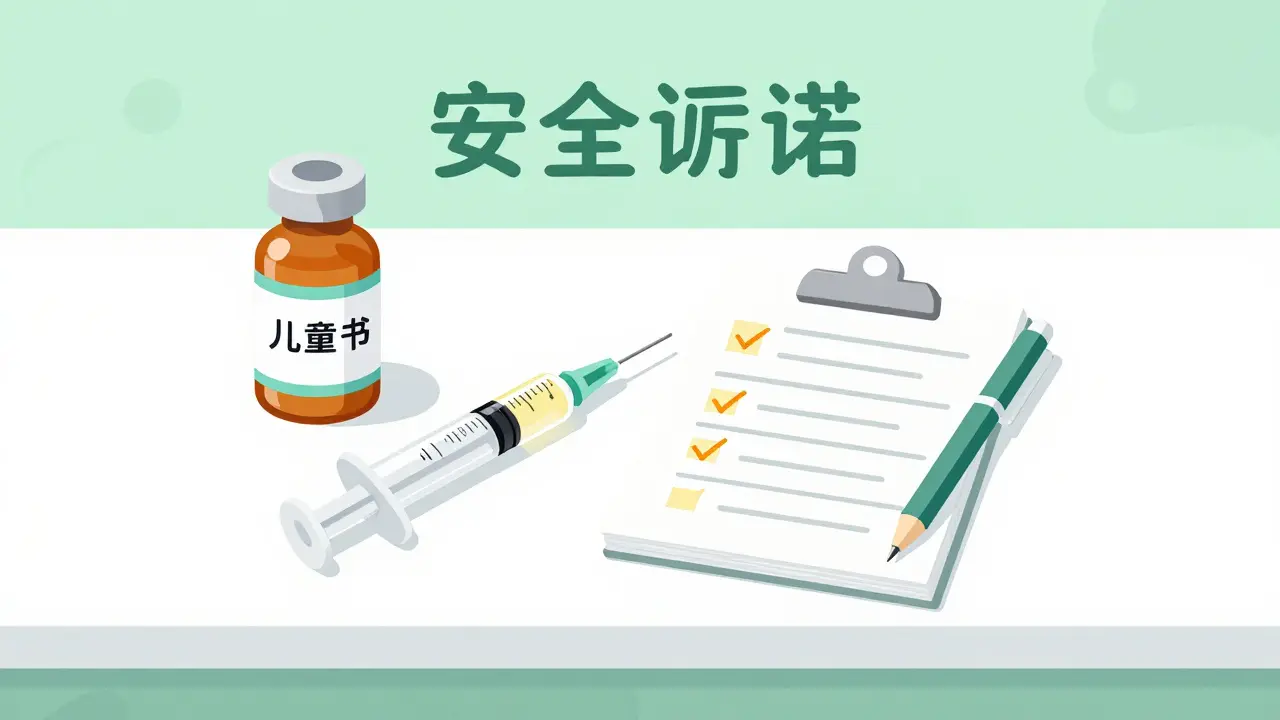 A safe medicine station with a children's medication bottle, oral syringe, and a dosing log.
