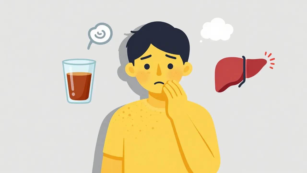 Cartoon illustration of a tired person with jaundice, showing dark urine and liver inflammation icons.