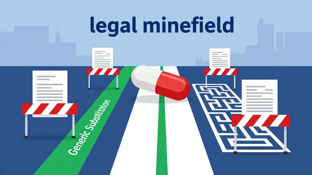 Conceptual flat design of a legal maze comparing generic and therapeutic drug substitution