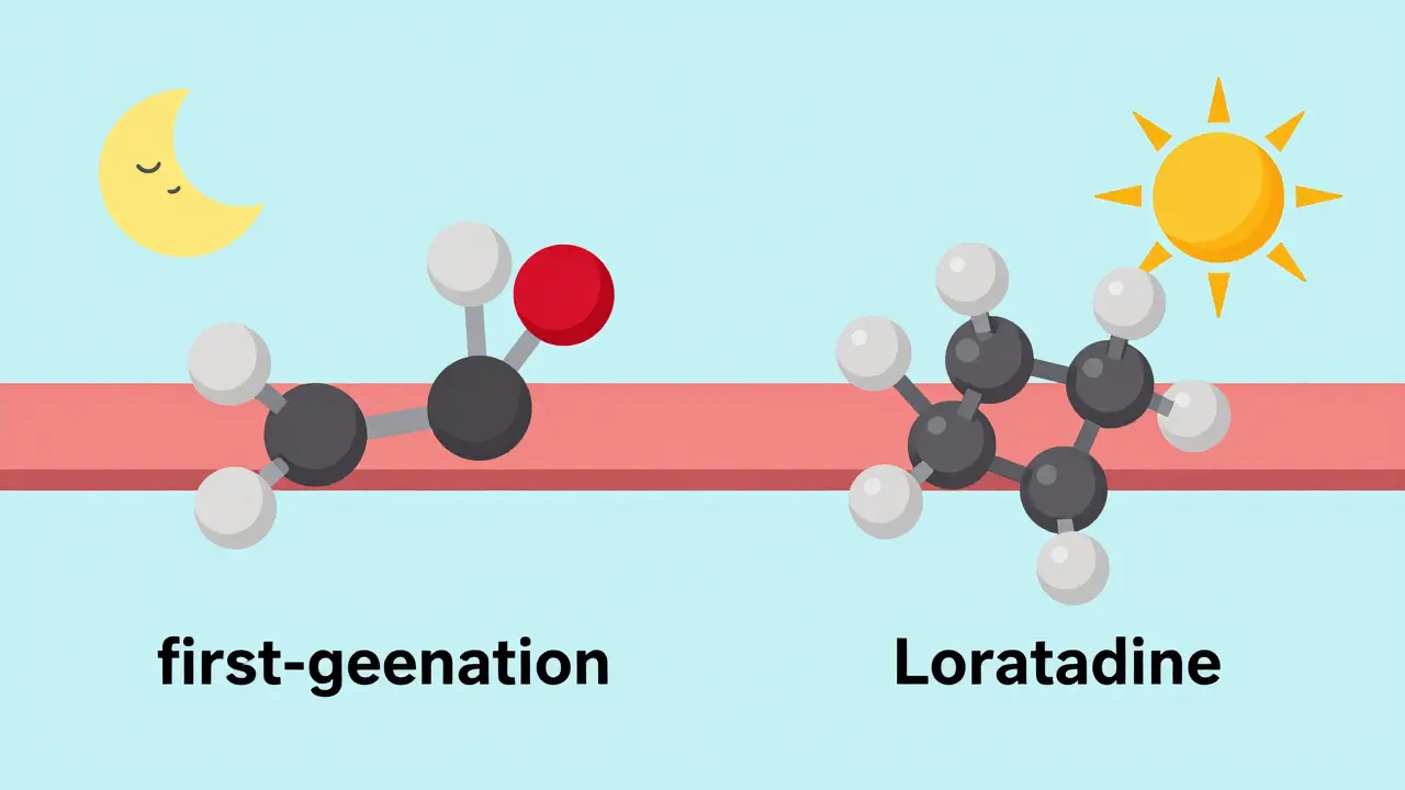 Conceptual illustration of first and second generation antihistamines and the blood-brain barrier.