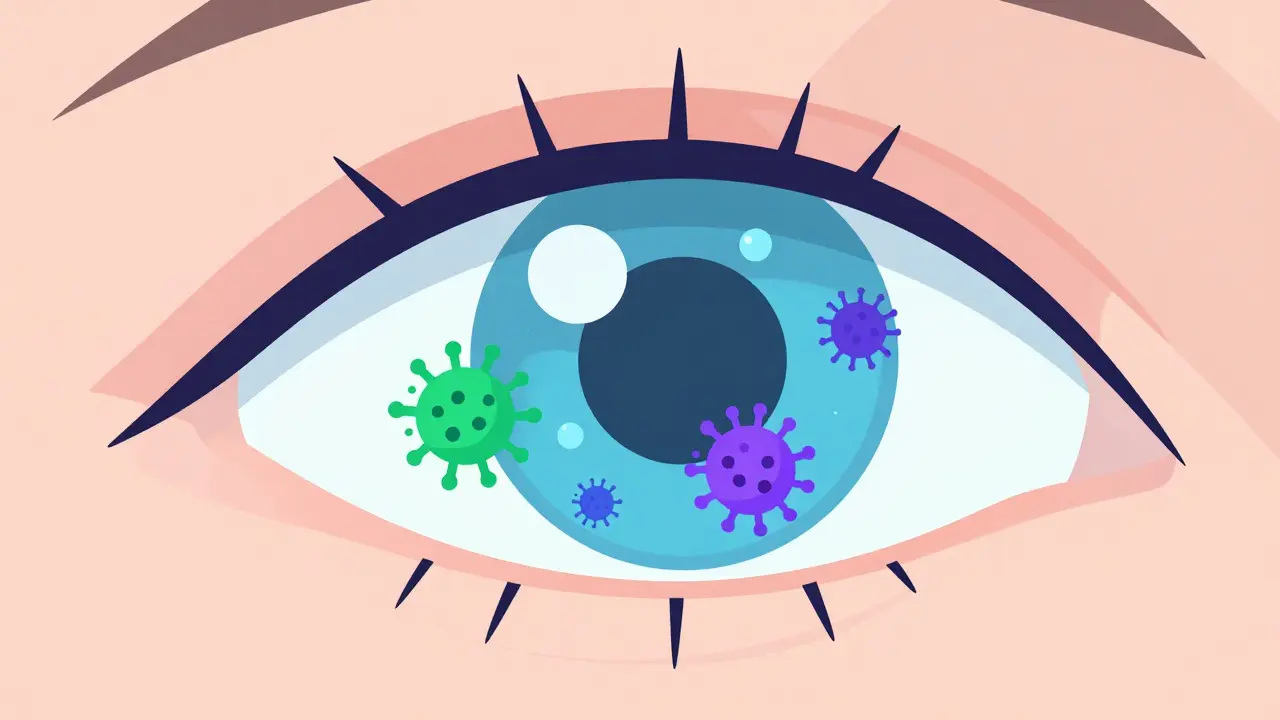 Diagram showing bacteria trapped under a contact lens blocking oxygen to the eye.