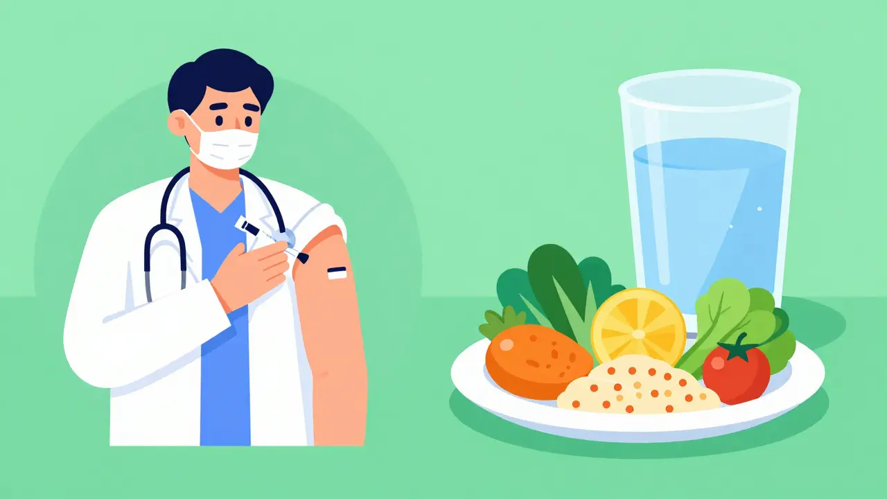 Flat design image showing a person getting a vaccine and a healthy low-fat meal for recovery.